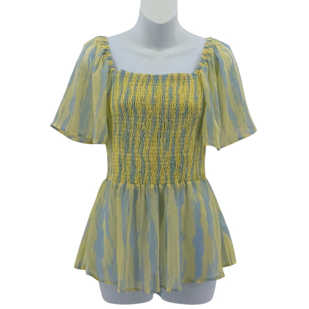 Moon River Smocked Peplum Top Women Small Yellow Blue Abstract Flutter Sleeve